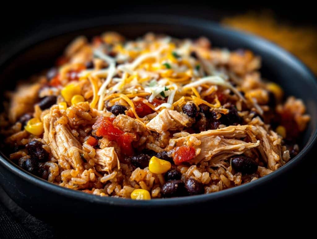 Close-up of a chicken and rice bowl with black beans, corn, tomatoes, and cheese.