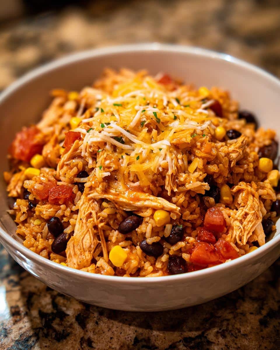 7 Amazing Blueberry Protein Ninja Creami Recipes 6 A bowl of chicken and rice with black beans, corn, tomatoes, and shredded cheese.
