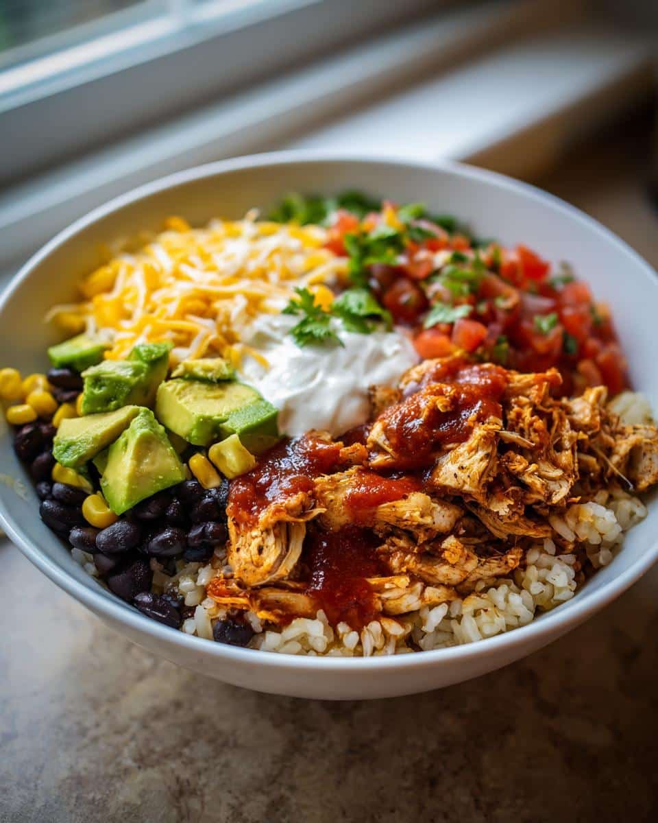 Best Blueberry Protein Pancakes Recipe Ever: 20-Minute Meal 6 Overhead shot of a vibrant chicken and rice bowl with avocado, corn, black beans, cheese, salsa, and sour cream.