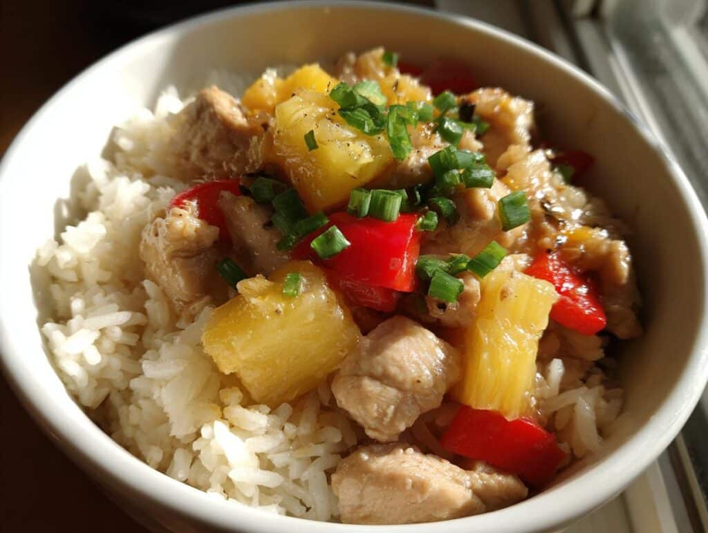 Close-up of chicken rice bowls with pineapple, red bell pepper, and green onions in a white bowl.