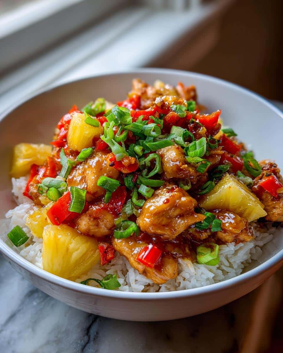 Unbelievably Delicious Chicken Rice Bowls With Pineapple 7 A close-up of chicken rice bowls with pineapple, red peppers, and green onions, served in a white bowl.