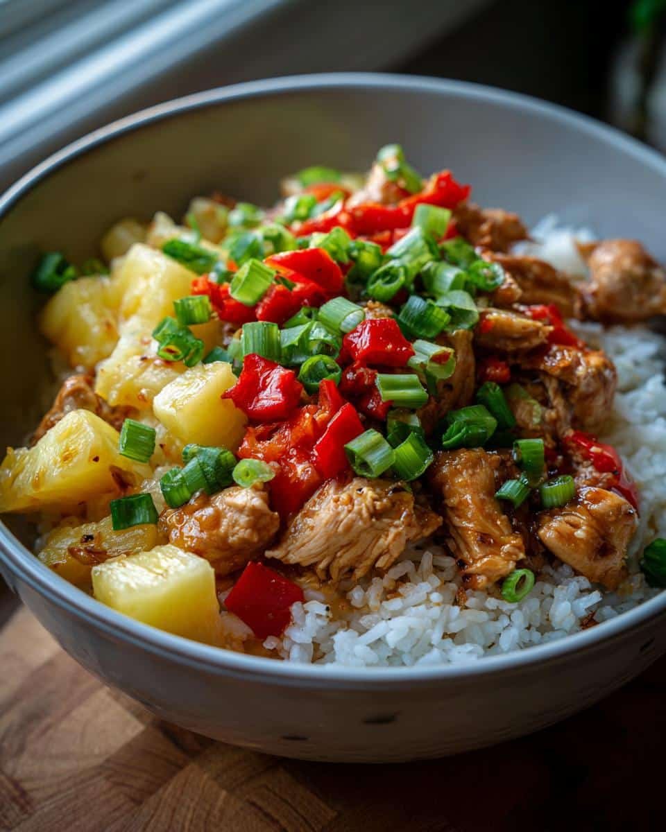 Unbelievably Delicious Chicken Rice Bowls With Pineapple 9 A vibrant bowl of chicken rice bowls with pineapple, garnished with red peppers and green onions.