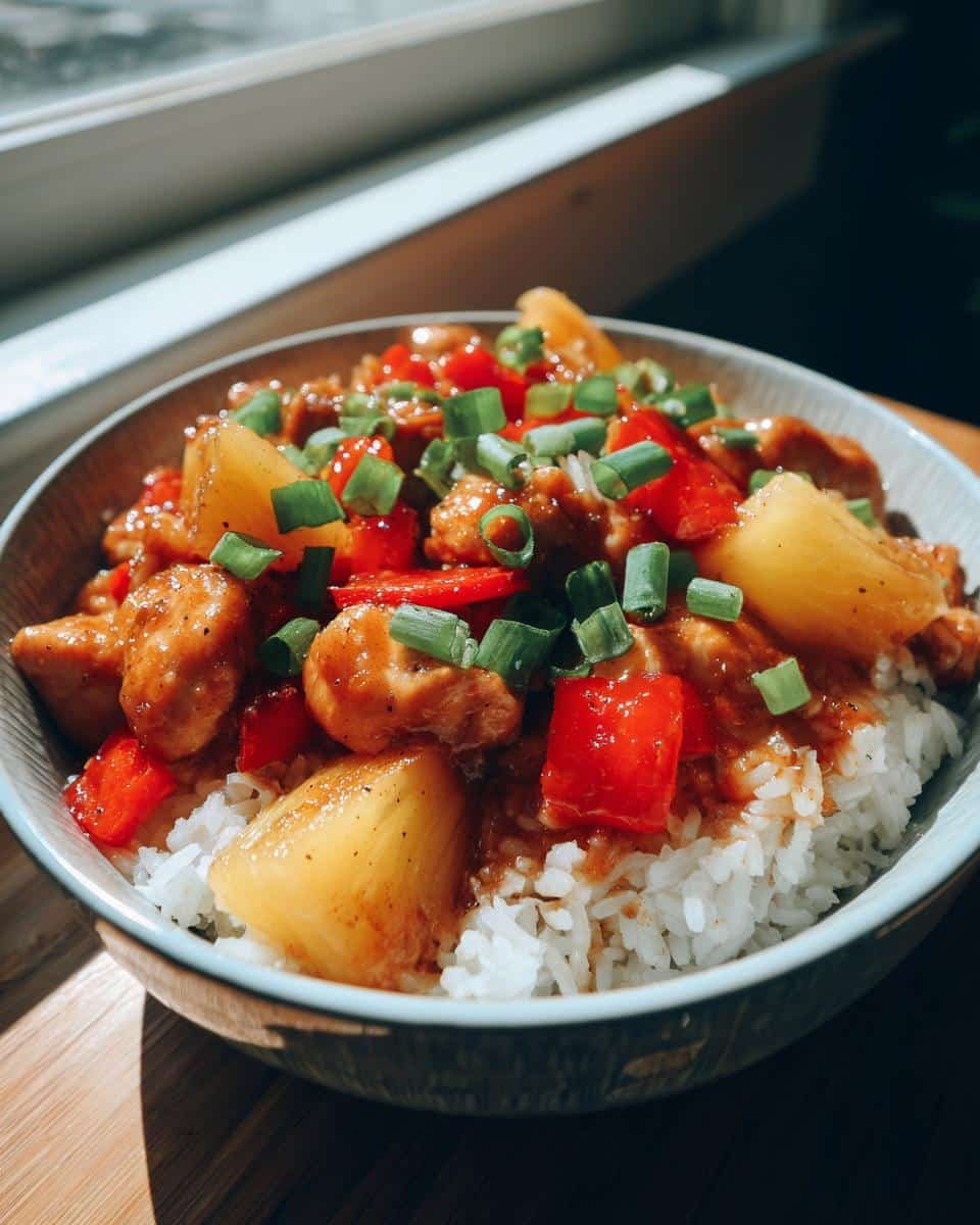 Unbelievably Delicious Chicken Rice Bowls With Pineapple 6 A delicious bowl of chicken rice bowls with pineapple, red bell peppers, and green onions.