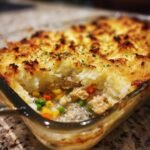 Close-up of chicken shepherd's pie with mashed potato topping, peas, carrots and corn.