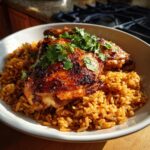 A bowl of chicken thighs mexican rice, garnished with cilantro, ready to eat.