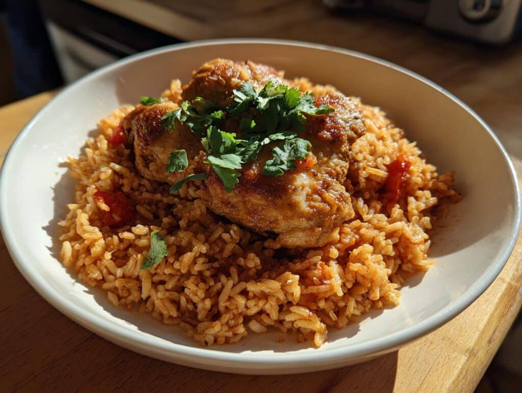Bowl of Chicken Thighs Mexican Rice garnished with cilantro, a one-pan dinner.