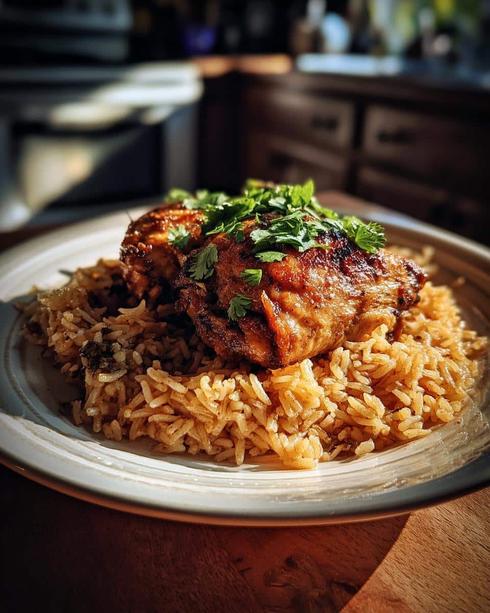 Chicken Thighs Mexican Rice: One-Pan Dinner Triumph 9 Two chicken thighs served over Mexican rice and garnished with fresh cilantro on a plate.