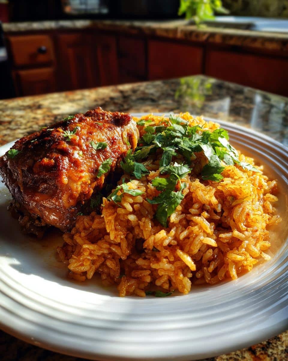 Chicken Thighs Mexican Rice: One-Pan Dinner Triumph 7 A serving of chicken thighs mexican rice, garnished with cilantro, on a white plate.