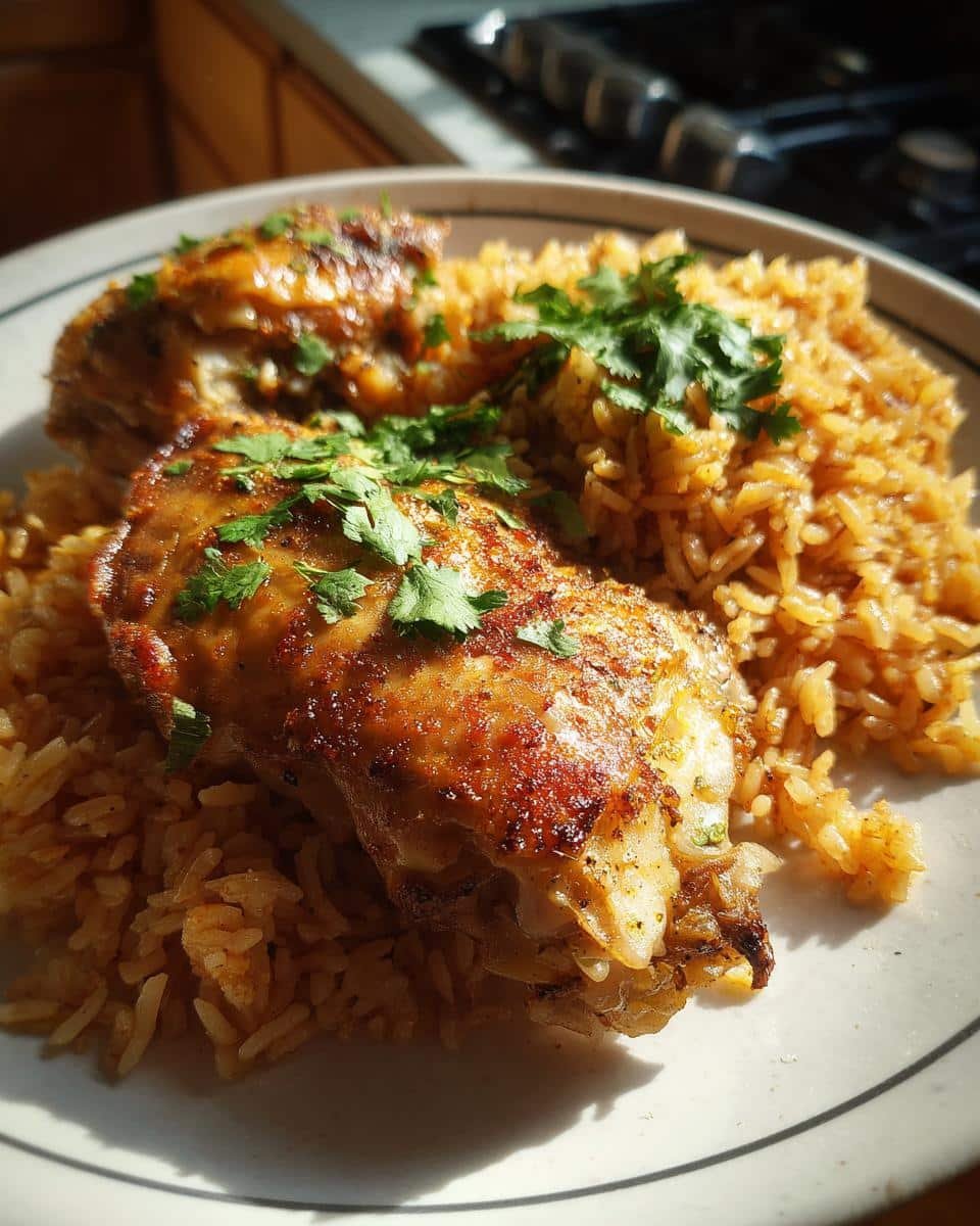 Chicken Thighs Mexican Rice: One-Pan Dinner Triumph 8 Two glazed chicken thighs served over Mexican rice, garnished with fresh cilantro.