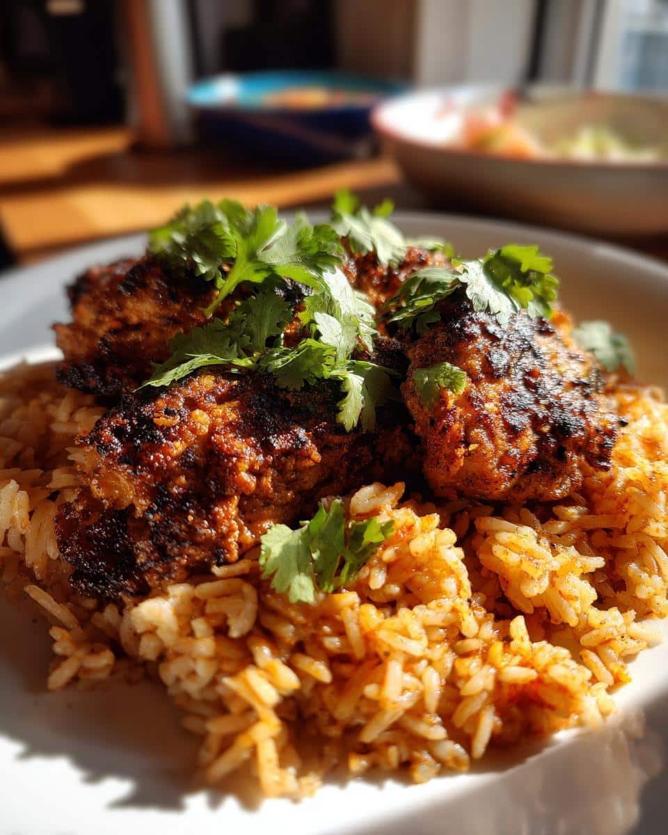 Chicken Thighs Mexican Rice: One-Pan Dinner Triumph 6 Plated chicken thighs mexican rice, garnished with cilantro, ready to eat.