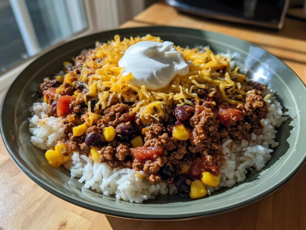 This is not High-Protein Lemon Blueberry Overnight Oats. It's a bowl of chili with rice, cheese, and sour cream.