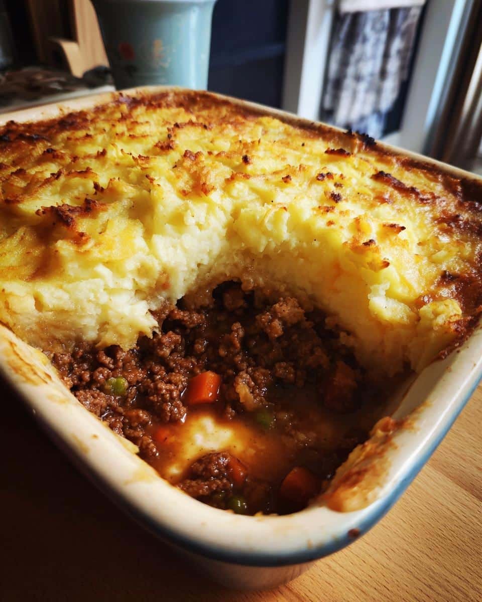 Best Classic Shepherds Pie Recipe: A Comforting 1-Dish Meal 9 A partially served best classic shepherds pie recipe in a baking dish, showing the meat filling and mashed potato topping.