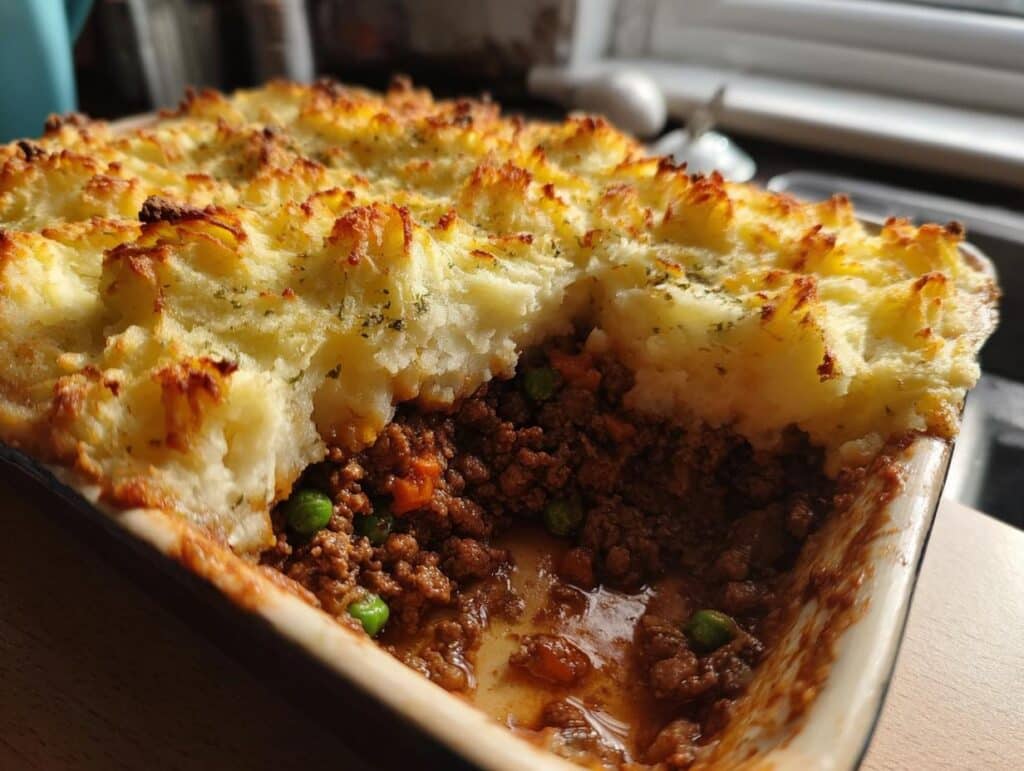 Close-up of best classic shepherds pie recipe in a baking dish, showing layers of meat and mashed potato topping.