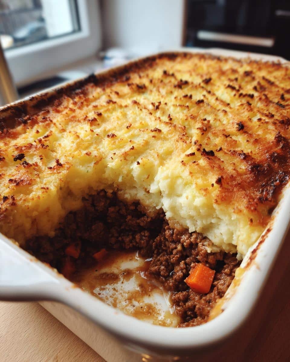 Best Classic Shepherds Pie Recipe: A Comforting 1-Dish Meal 8 Close-up of best classic shepherds pie recipe in a white baking dish, showing layers of meat and mashed potato topping.