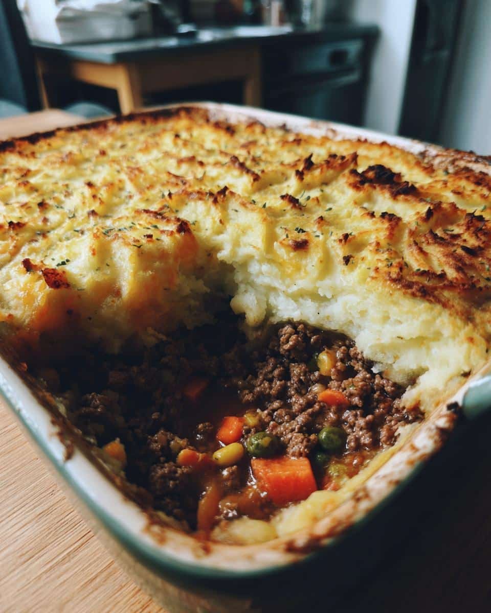 Best Classic Shepherds Pie Recipe: A Comforting 1-Dish Meal 6 Close-up of best classic shepherds pie recipe in a baking dish, showing the meat and vegetable filling and mashed potato topping.