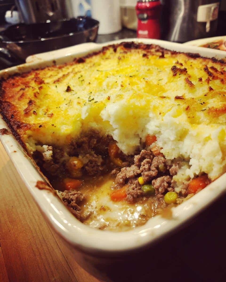Best Classic Shepherds Pie Recipe: A Comforting 1-Dish Meal 7 A delicious best classic shepherds pie recipe with a scoop taken out, showing the meat and vegetable filling.