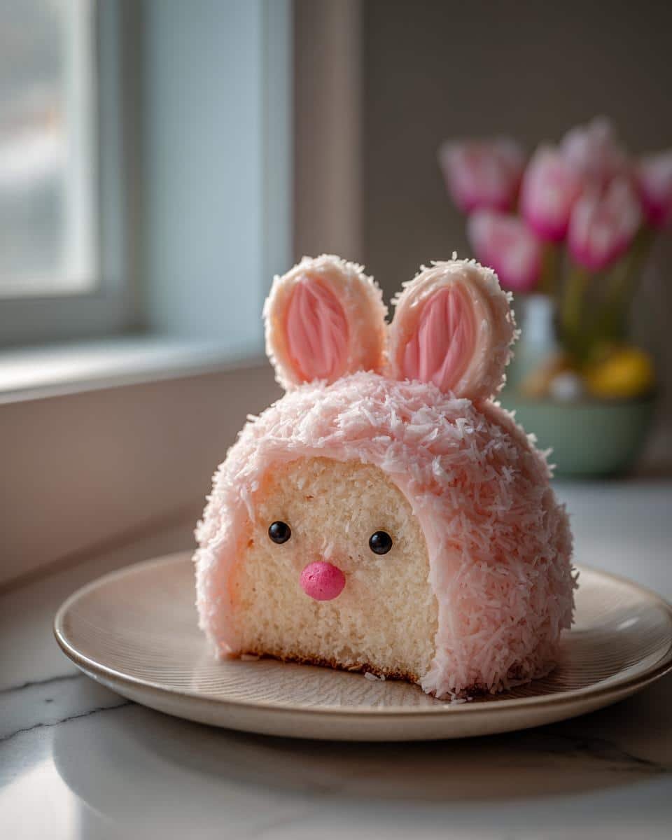 Devilish Coconut Bunny Cakes for Easter: Only 9 Steps 6 A delicious coconut bunny cake for Easter, decorated with pink frosting and coconut flakes.