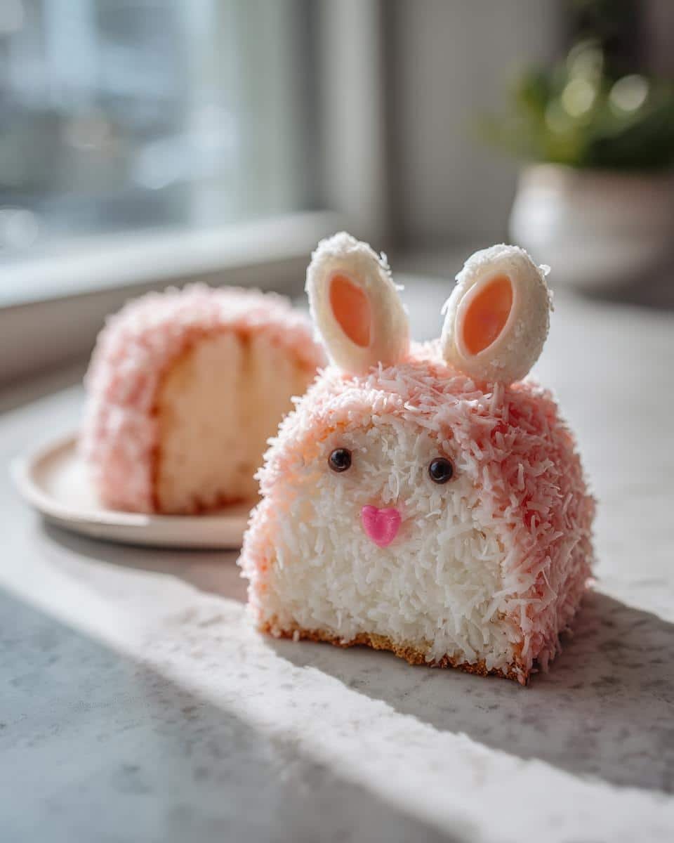 Devilish Coconut Bunny Cakes for Easter: Only 9 Steps 7 Close-up of a coconut bunny cake for Easter, decorated with pink-tinted coconut flakes, candy eyes, and a heart-shaped nose.