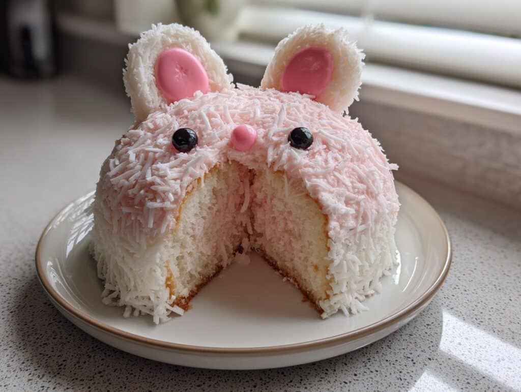 A delicious coconut bunny cake for Easter, decorated with pink frosting and coconut flakes, with a slice cut out.