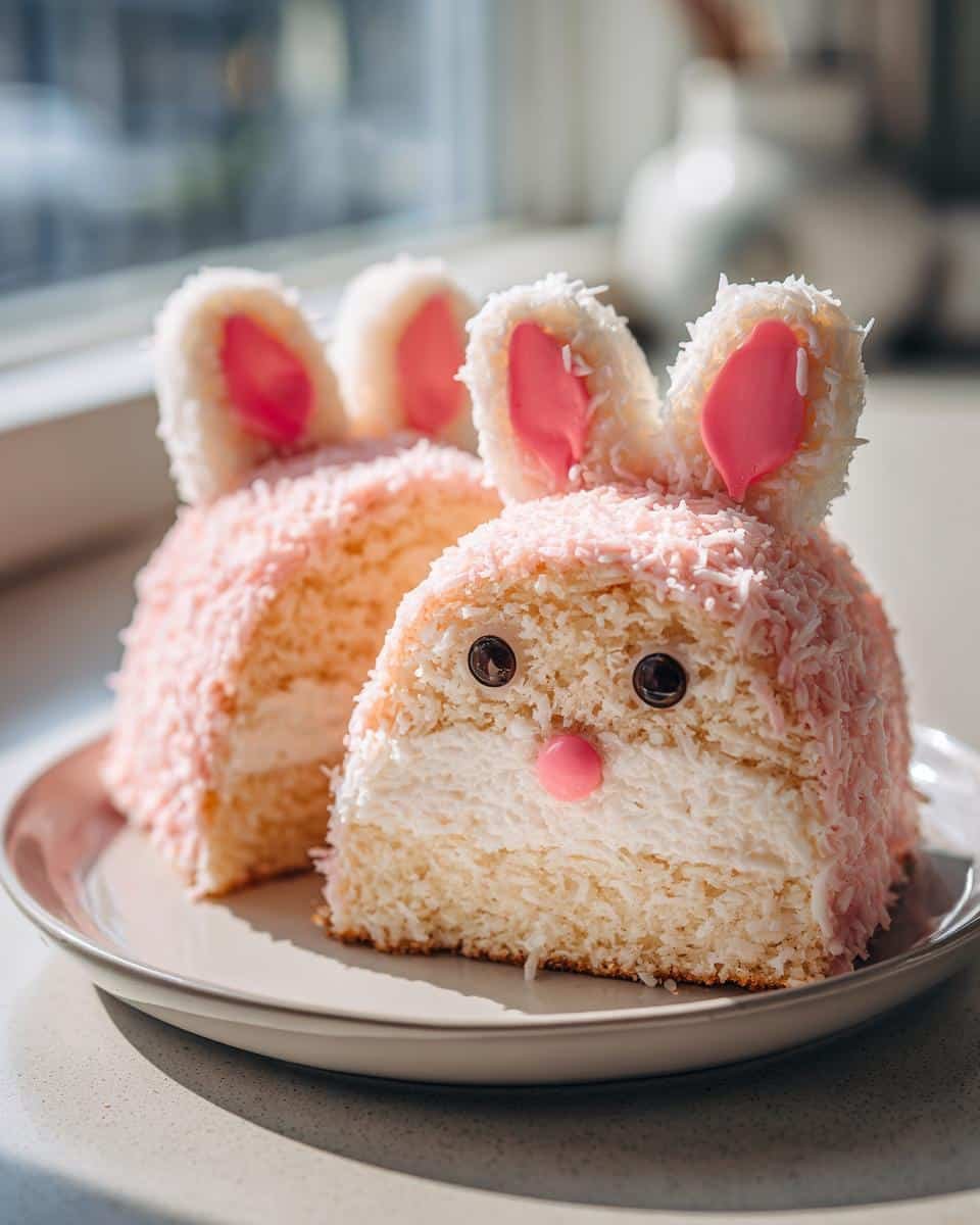 Devilish Coconut Bunny Cakes for Easter: Only 9 Steps 9 Two coconut bunny cakes for Easter, decorated with pink coconut flakes, candy eyes, and bunny ears.