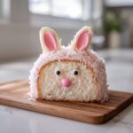A slice of coconut bunny cakes for Easter, decorated with coconut flakes, candy eyes, and pink details.