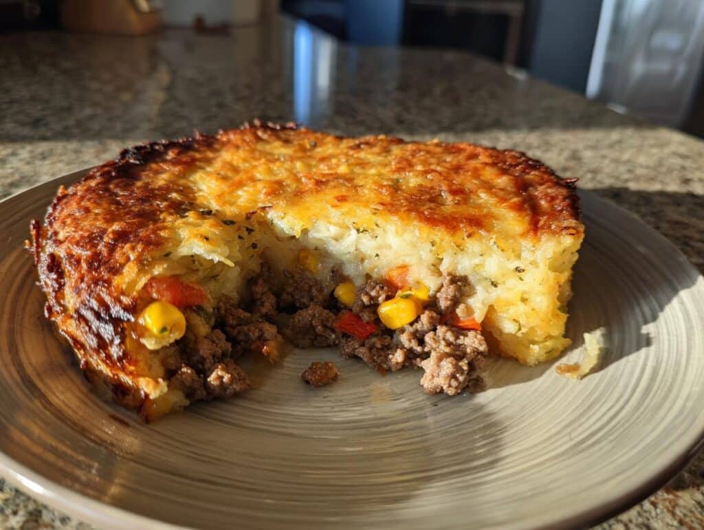 A slice of Cracker Barrel hashbrown casserole shepherds pie with a visible meat and vegetable filling.
