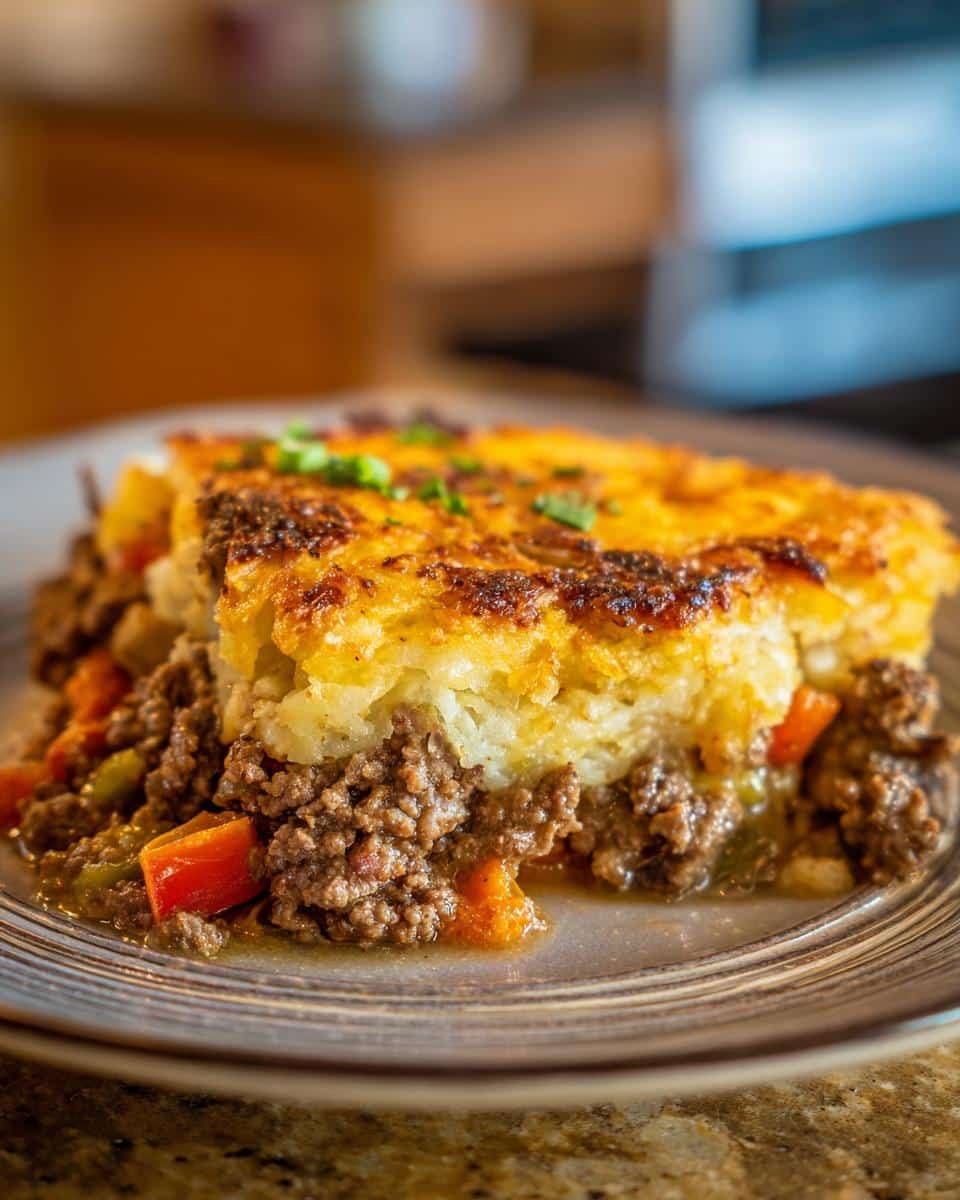 Incredible Cracker Barrel Hashbrown Casserole Pie 7 A slice of Cracker Barrel hashbrown casserole shepherds pie with a ground beef and vegetable filling.