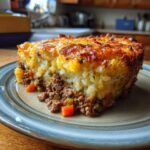 A slice of Cracker Barrel hashbrown casserole shepherds pie with a golden crust and meat filling.