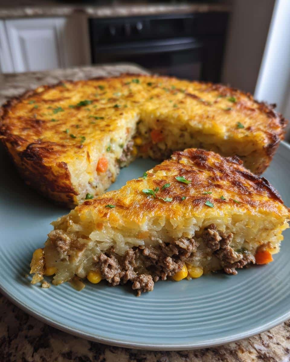 Incredible Cracker Barrel Hashbrown Casserole Pie 9 A slice of Cracker Barrel hashbrown casserole shepherds pie showing layers of hashbrowns, meat, and vegetables.