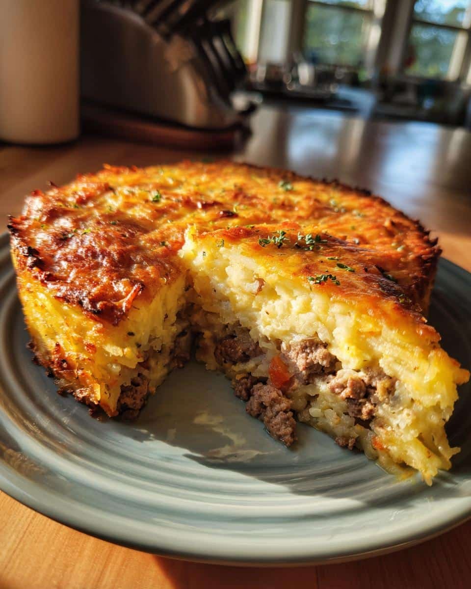 Incredible Cracker Barrel Hashbrown Casserole Pie 6 A Cracker Barrel hashbrown casserole shepherds pie with a slice cut out, showing the meaty filling.