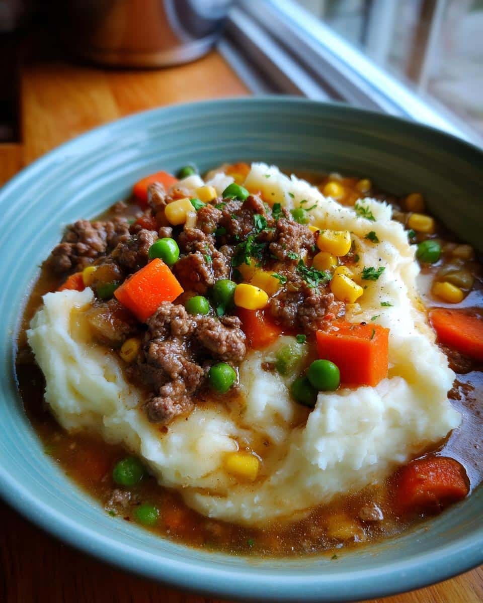 Crockpot Shepherds Pie Soup Recipe: A Comforting Disaster 8 A bowl of crockpot shepherds pie soup recipe, topped with mashed potatoes, ground beef, and mixed vegetables.