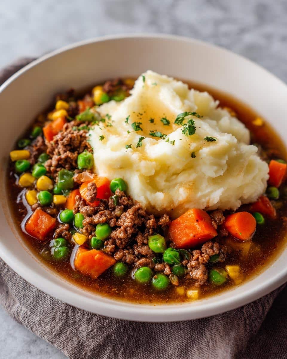 Crockpot Shepherds Pie Soup Recipe: A Comforting Disaster 7 A bowl of crockpot shepherds pie soup, topped with mashed potatoes, peas, carrots, corn, and ground beef.