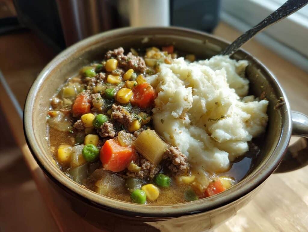A bowl of crockpot shepherds pie soup recipe, topped with mashed potatoes, featuring ground meat and vegetables.