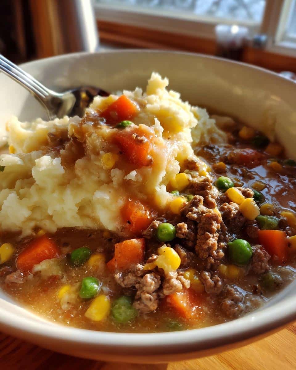 Crockpot Shepherds Pie Soup Recipe: A Comforting Disaster 9 A bowl of crockpot shepherds pie soup recipe with mashed potato topping, meat, and vegetables.