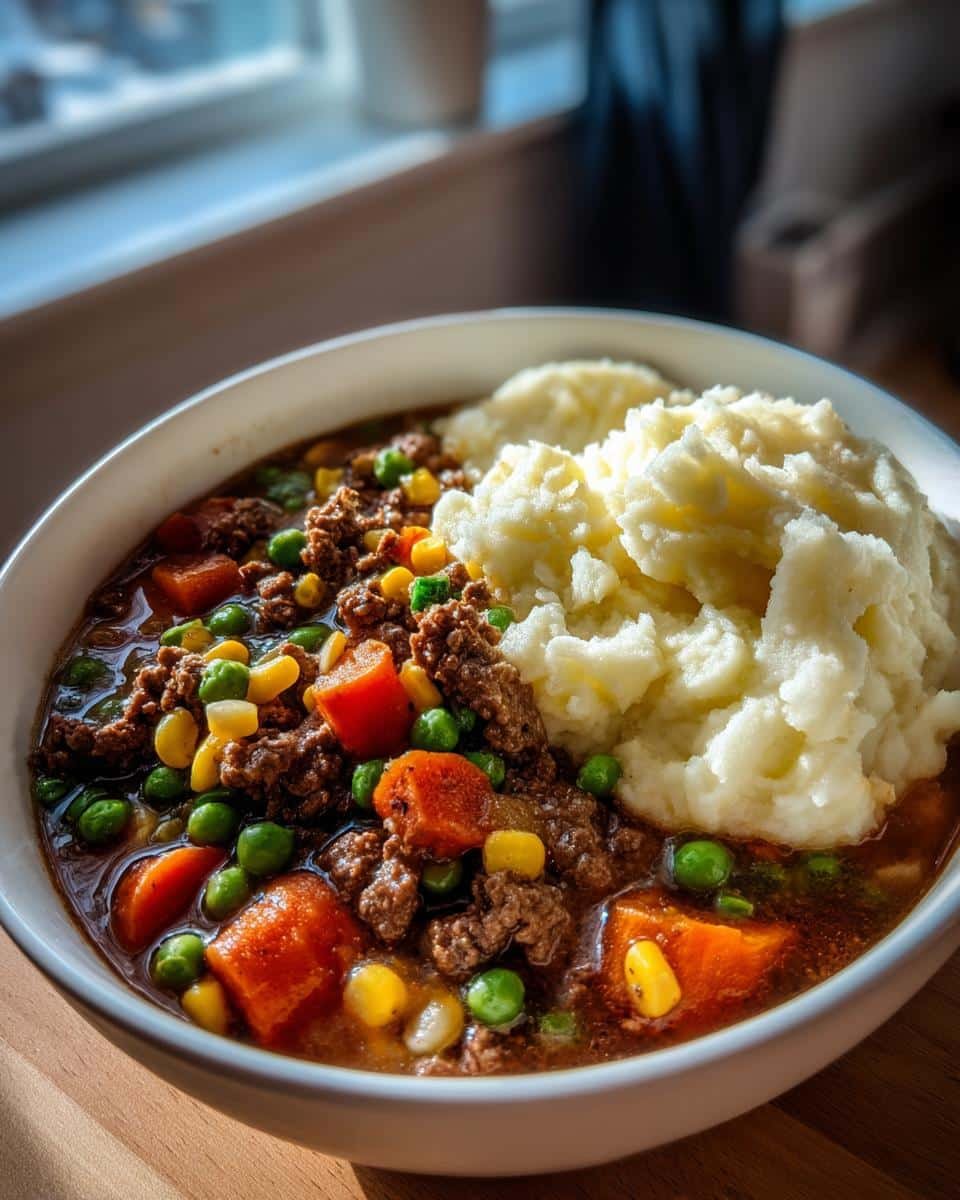 Crockpot Shepherds Pie Soup Recipe: A Comforting Disaster 6 Bowl of crockpot shepherds pie soup recipe with ground beef, vegetables, and mashed potato topping.