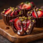 Close-up of Dubai chocolate strawberry cups recipe, drizzled with chocolate and topped with pistachios.