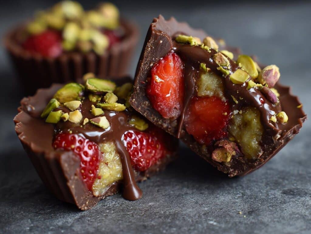 Close-up of Dubai chocolate strawberry cups recipe, cut in half, showing strawberry and banana filling, topped with pistachios.