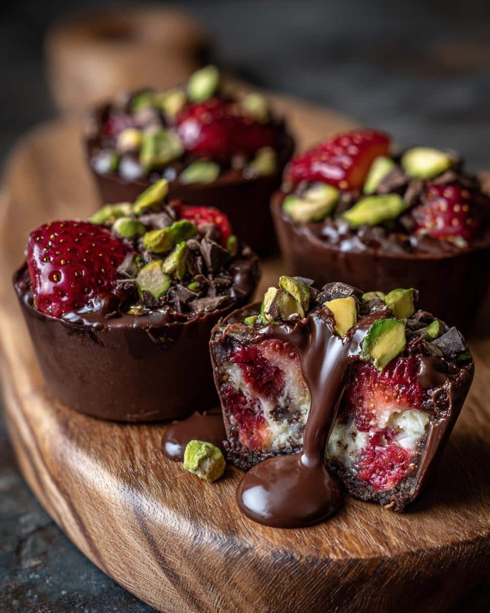 Dubai Chocolate Strawberry Cups Recipe: 3-Step Bliss 6 Delicious Dubai chocolate strawberry cups topped with pistachios and chocolate shavings, one cup is cut open.