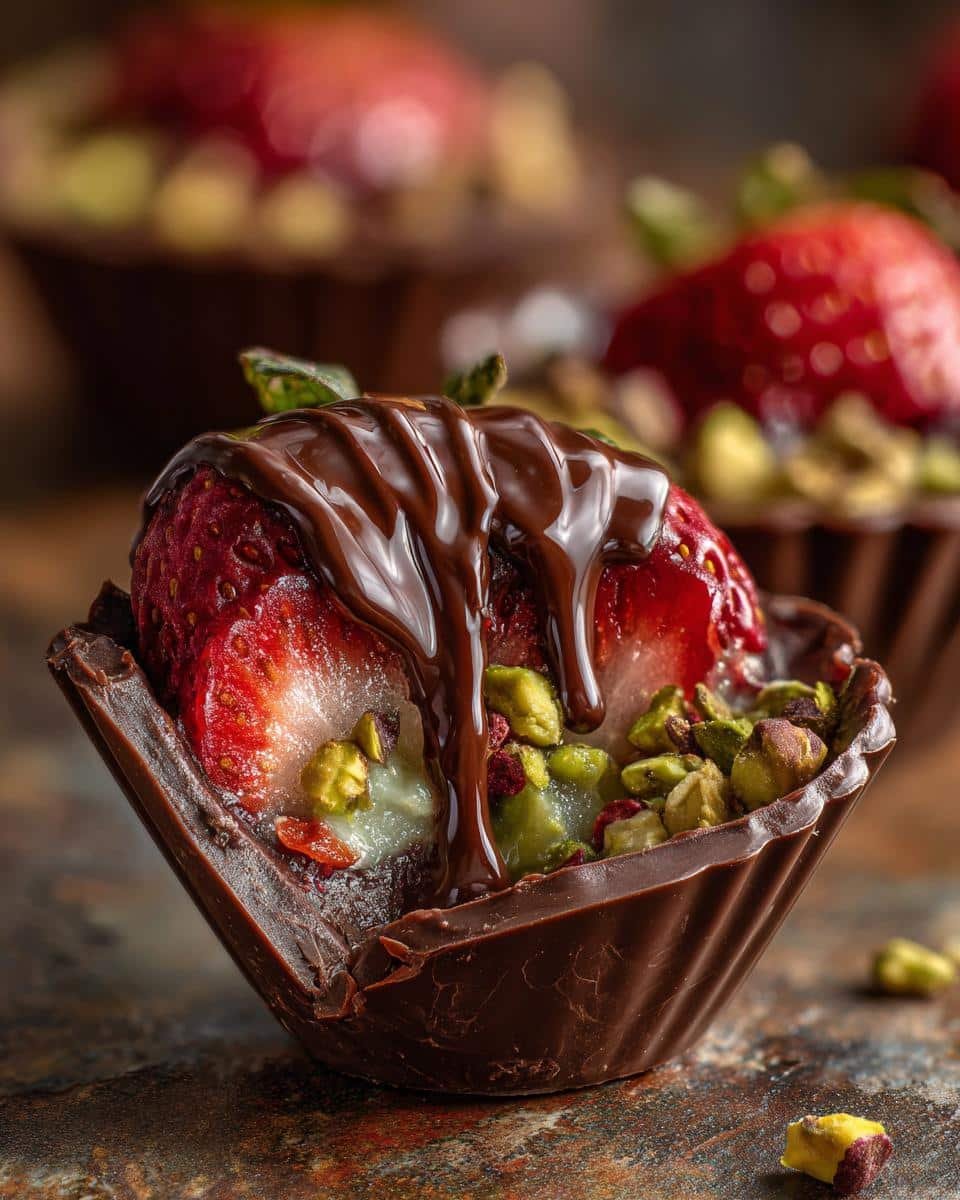 Dubai Chocolate Strawberry Cups Recipe: 3-Step Bliss 7 A close-up of a Dubai chocolate strawberry cup recipe, topped with pistachios and drizzled with chocolate.