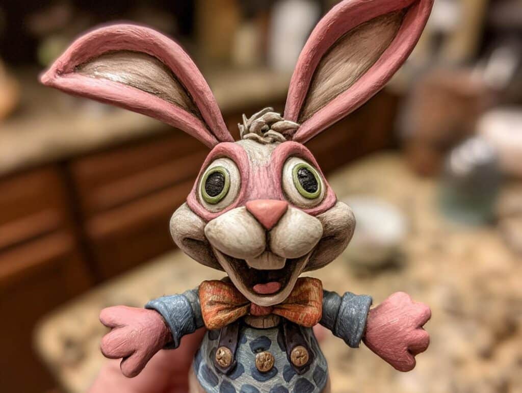 Close-up of a whimsical Easter bunny cake topper with pink ears, a bow tie, and a patterned shirt.