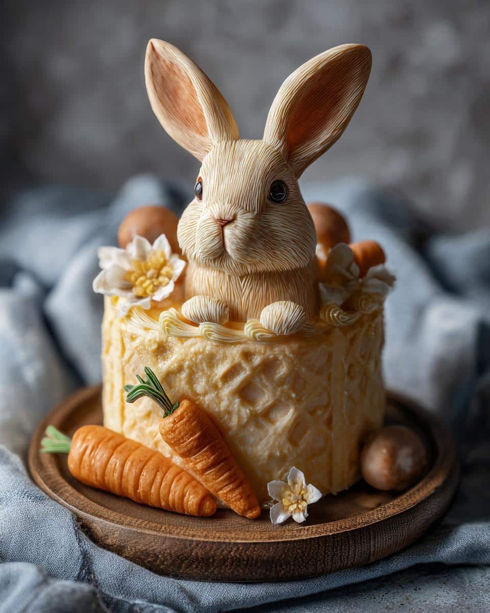 Craft a Cute Easter Bunny Cake Topper in Just 6 Steps 7 A charming Easter bunny cake topper on a decorated cake with carrots and flowers.