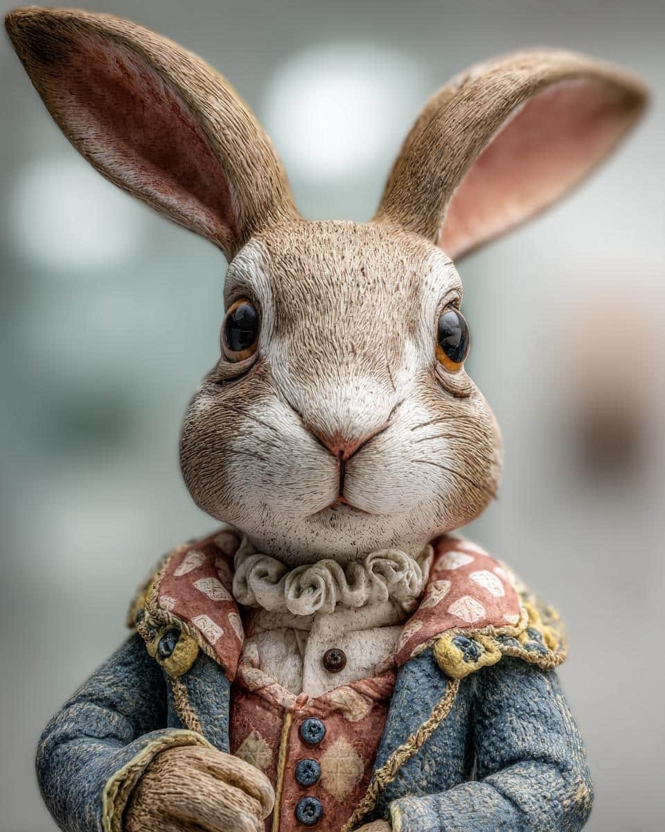 Craft a Cute Easter Bunny Cake Topper in Just 6 Steps 6 Close-up of a detailed Easter bunny cake topper wearing a jacket and shirt.