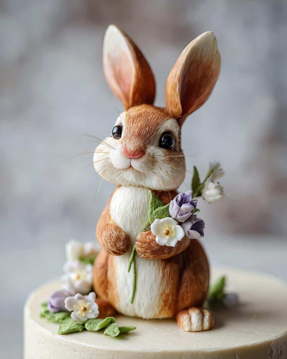 Craft a Cute Easter Bunny Cake Topper in Just 6 Steps 9 Adorable Easter bunny cake topper holding flowers, sitting on top of a cake. Perfect for Easter celebrations.