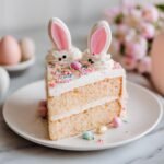 A slice of easter bunny cake without coconut, decorated with sprinkles and bunny ears, on a white plate.