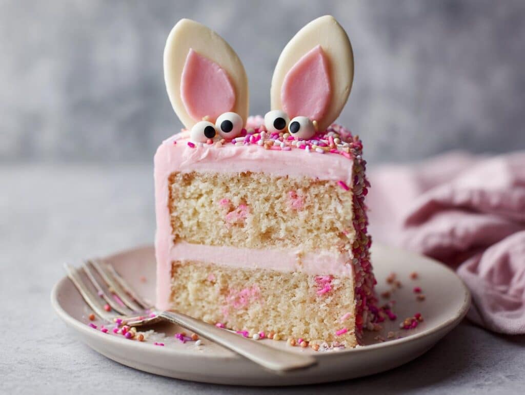 A slice of easter bunny cake without coconut, decorated with pink frosting, sprinkles, bunny ears, and googly eyes.