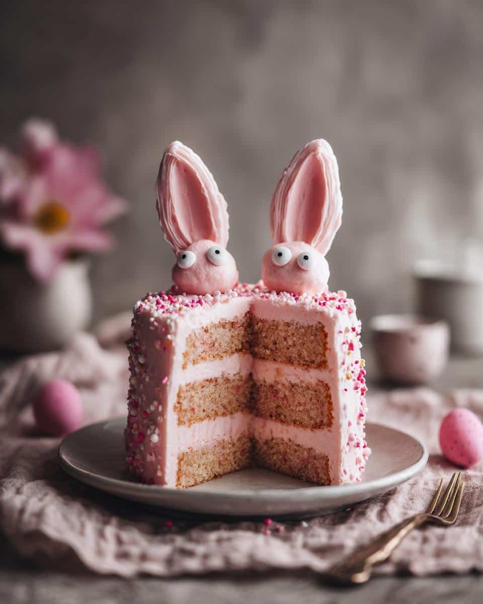 Flawless easter bunny cake without coconut in Just 4 Steps 6 A slice of easter bunny cake without coconut, decorated with pink frosting, sprinkles, and bunny ears.