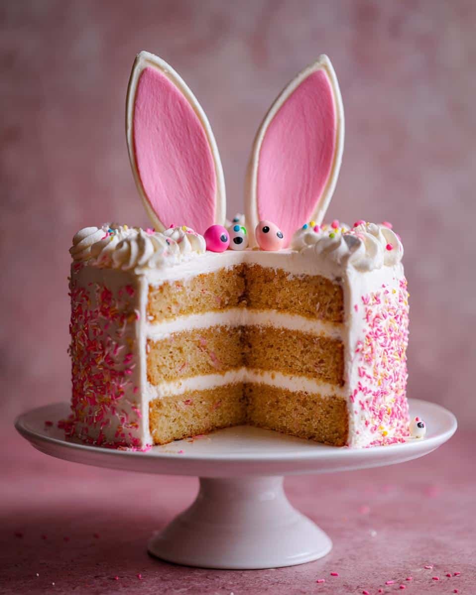 Flawless easter bunny cake without coconut in Just 4 Steps 7 A sliced easter bunny cake without coconut, decorated with pink sprinkles and bunny ears, on a white cake stand.