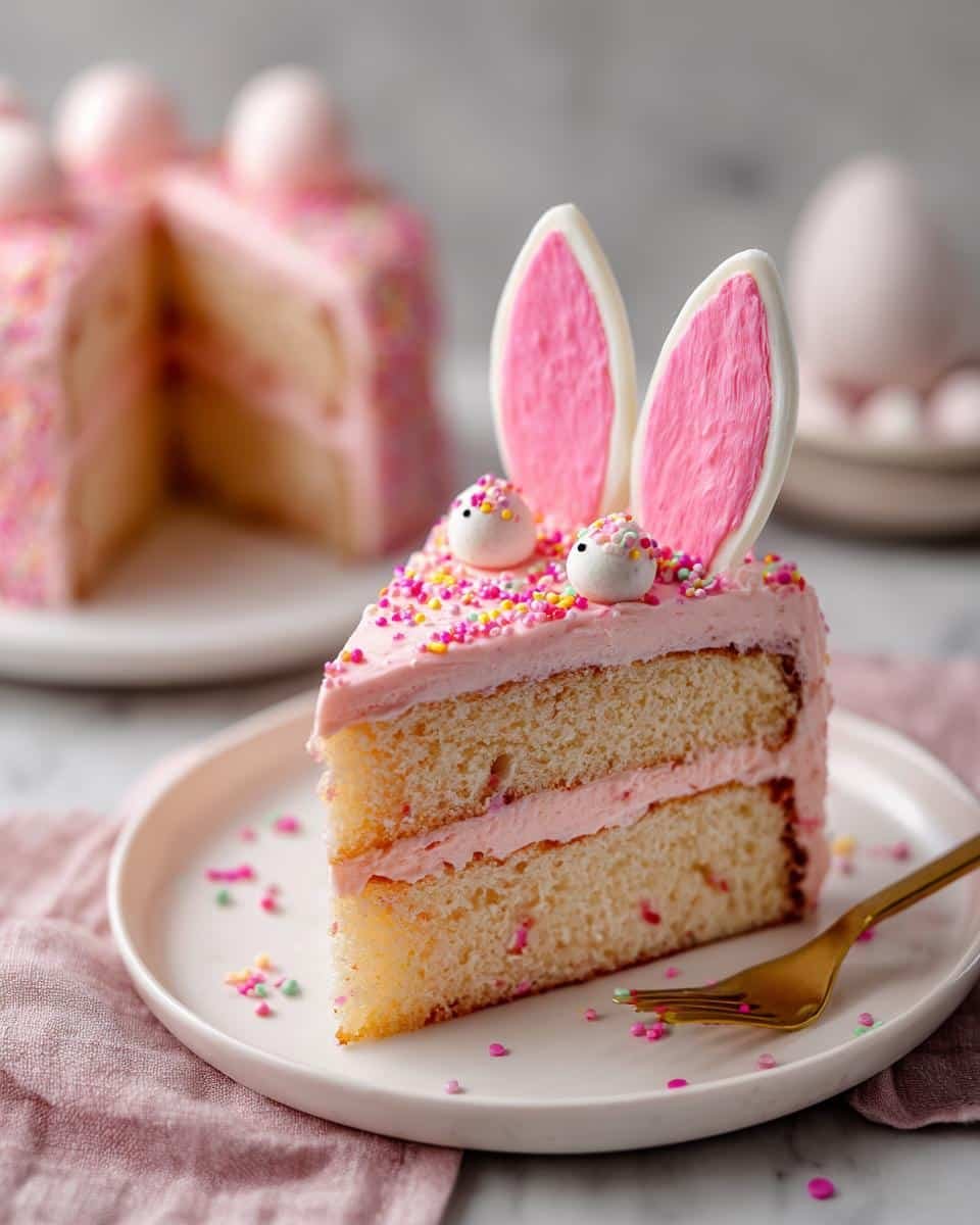 Flawless easter bunny cake without coconut in Just 4 Steps 8 A slice of easter bunny cake without coconut, decorated with pink frosting, sprinkles, and bunny ears.