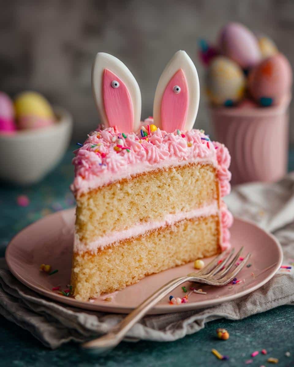 Flawless easter bunny cake without coconut in Just 4 Steps 9 A slice of Easter bunny cake without coconut, decorated with pink frosting and bunny ears, on a pink plate.