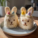 Two easy bunny cakes for easter, decorated with coconut flakes, candy eggs, and frosting, sitting on a gray plate.